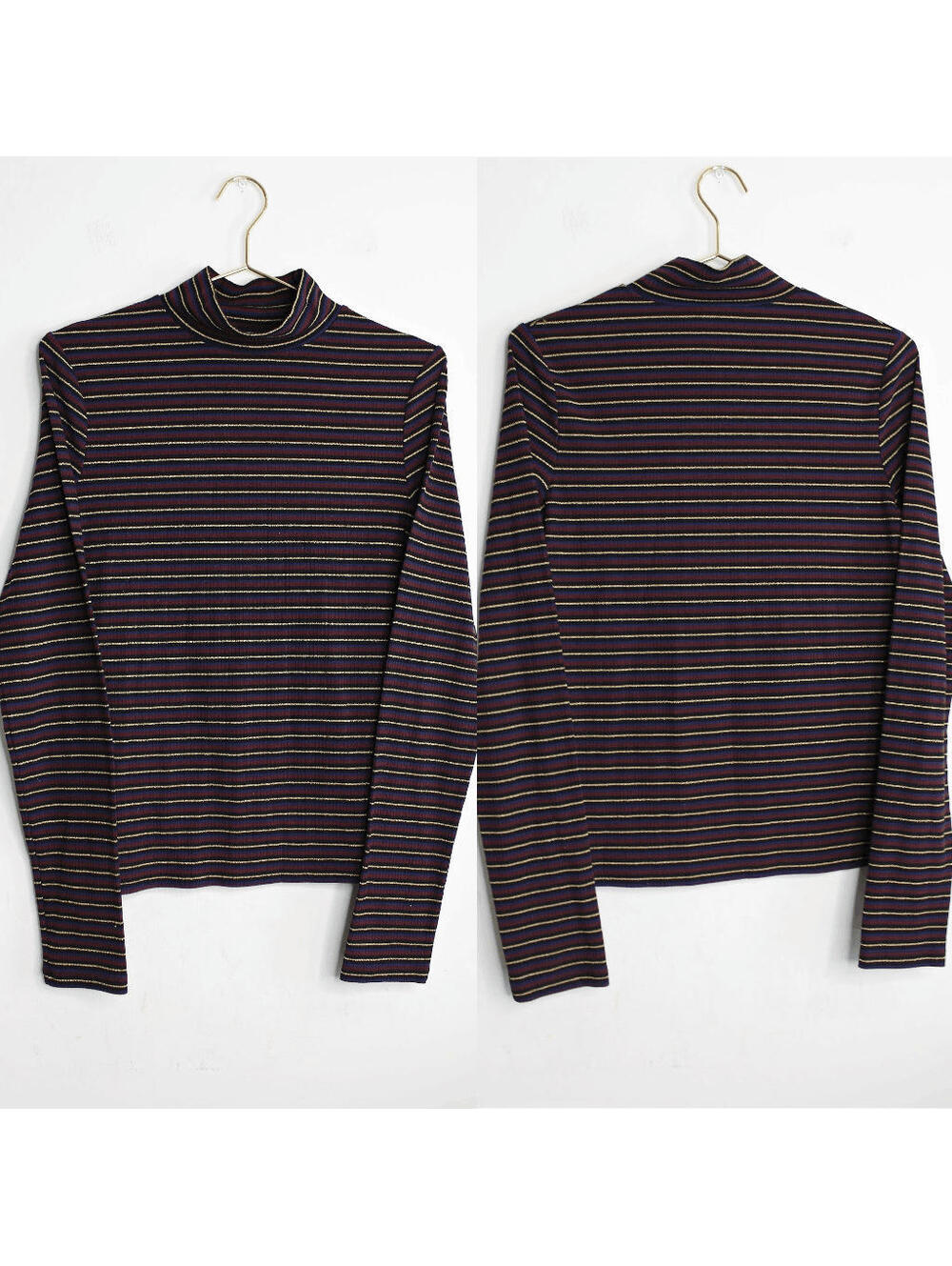 Topshop Black, Maroon Gold Navy Striped Long Sleeve Turtle Neck - 10